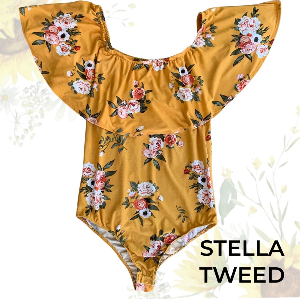 Stella Tweed Floral Off the Shoulder Body Suit Size M
